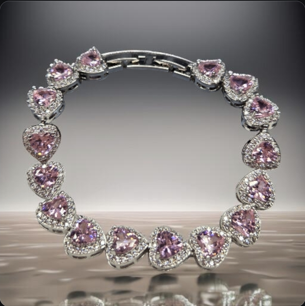 Silver Plated Girly Pink Heart Zircon Pave Crystal Bracelet